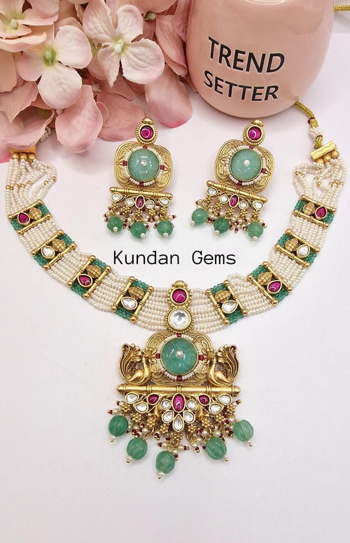Rajwadi Mint Ruby Necklace Set