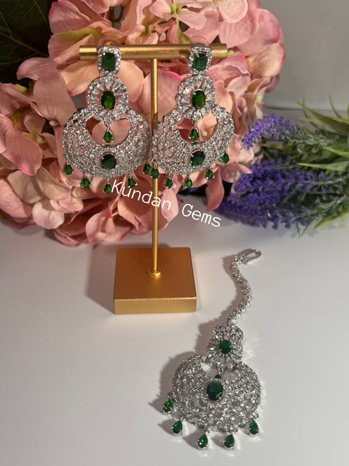Silver and green AD Tikka Set