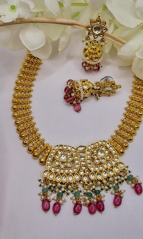 Reddish Pink & Mint Pachi Kundan Choker Set