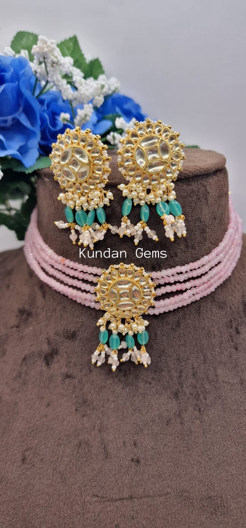 Pink and Teal Sleek Pachi Kundan Choker Set