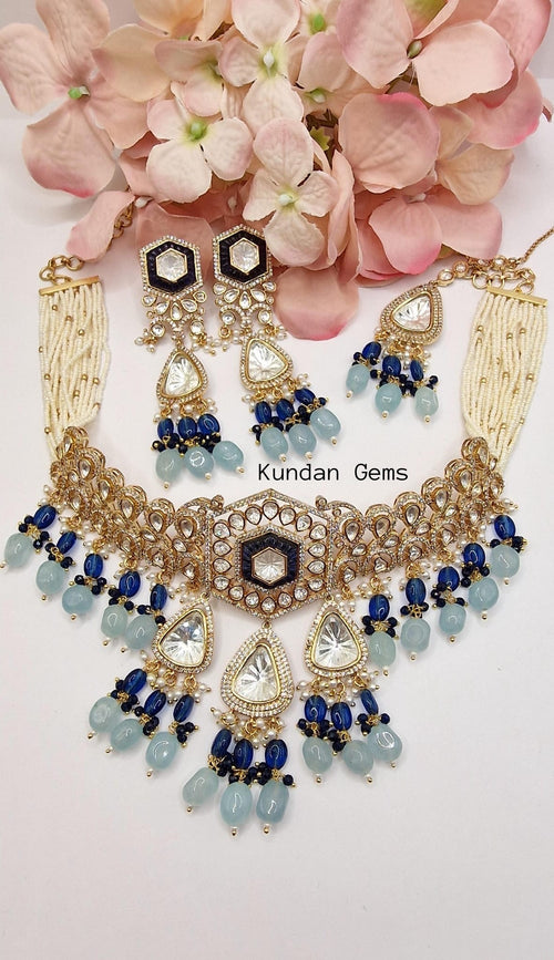 Heavy Uncut Kundan Navy Blue and Baby Blue Contrast Necklace Set
