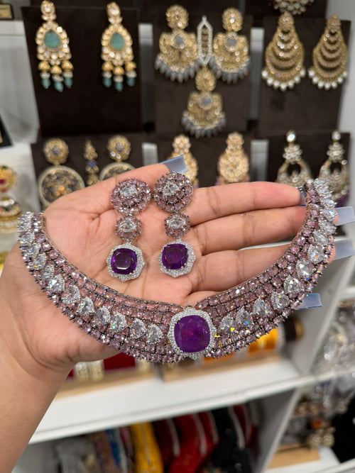 Rose Cut Purple and Pink Necklace Set