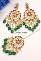 Pachi Kundan Bottle Green & Ruby Earrings Tikka Set