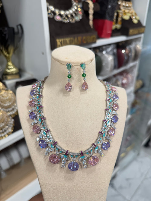 Silver Plated Multi Color Glass Necklace Set