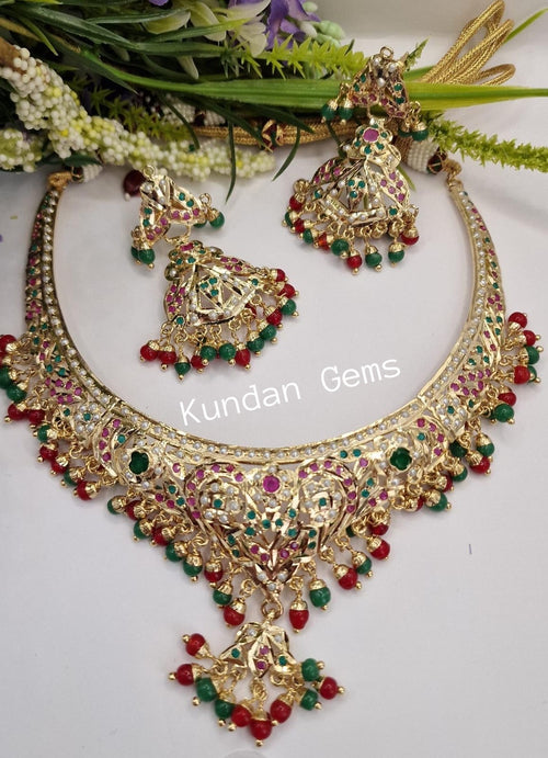 Hot Pink & Green Jadau Necklace Set