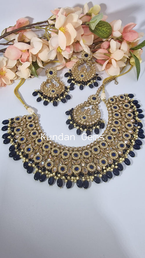 Dark Navy Blue Polki Necklace Set