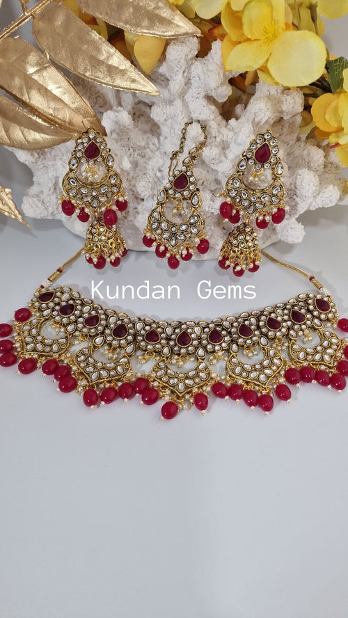 Kundan dark hot pink collar style set