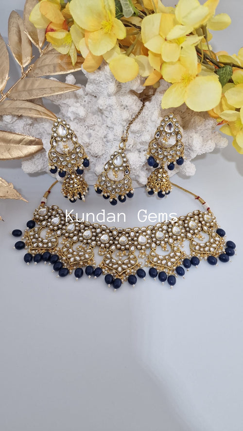 Kundan Navy Blue Collar Style Set