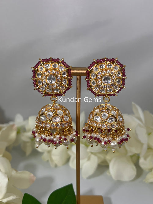 Uncut Kundan dark hot pink Jhumki