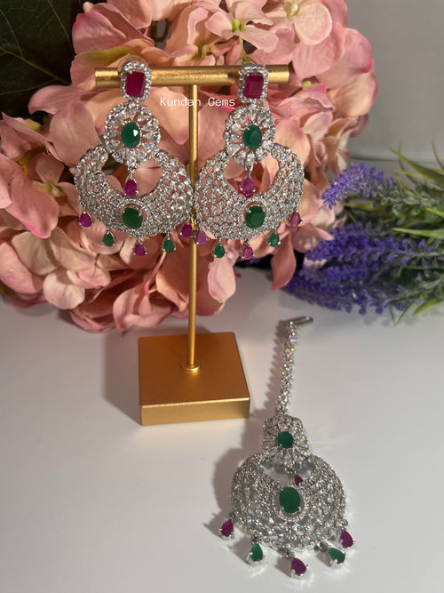 Silver, hot pink and green AD Tikka Set