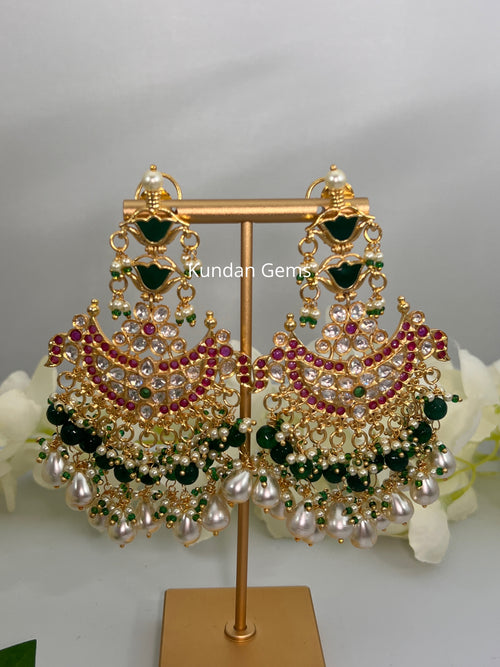 Uncut Kundan earrings hot pink and bottle green