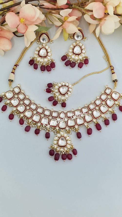Maroon Uncut Kundan Necklace Set
