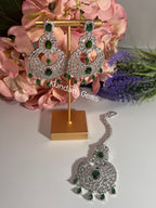 Silver and green AD Tikka Set